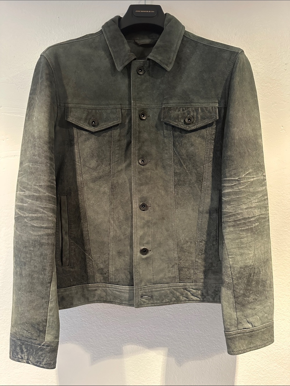 John Varvatos Distressed Sheep Skin Suede Shirt Jacket in Charcoal Gray